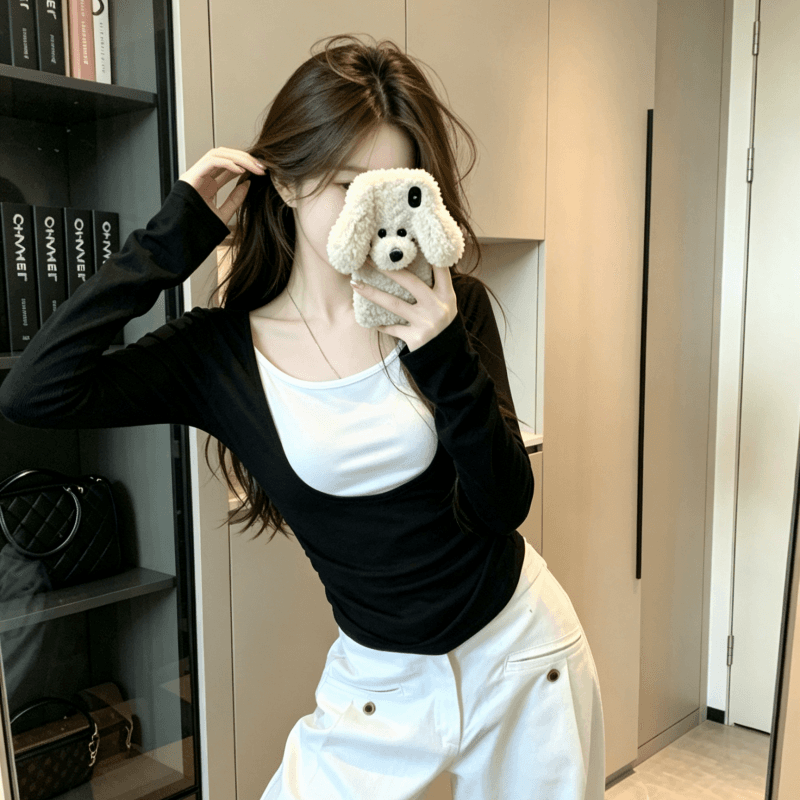 실사 배색 스트라이프 패치워크 페이크 레이어드 긴팔 티셔츠 여성 가을 인사이드 가져 가라. 기본 셔츠 몸매 가꾸기 슬림해 보이는 맨위 상세 이미지 8