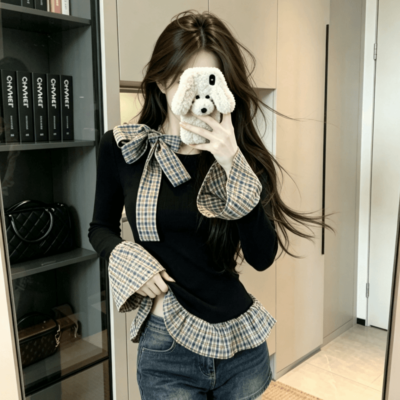 실사 배색 스트라이프 패치워크 페이크 레이어드 긴팔 티셔츠 여성 가을 인사이드 가져 가라. 기본 셔츠 몸매 가꾸기 슬림해 보이는 맨위 이미지 3