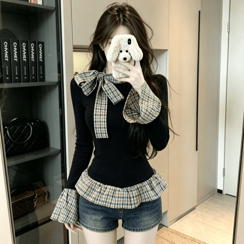 실사 배색 스트라이프 패치워크 페이크 레이어드 긴팔 티셔츠 여성 가을 인사이드 가져 가라. 기본 셔츠 몸매 가꾸기 슬림해 보이는 맨위 상세 이미지 1