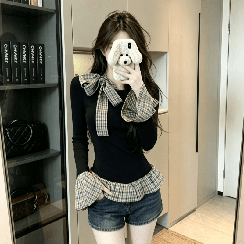 실사 배색 스트라이프 패치워크 페이크 레이어드 긴팔 티셔츠 여성 가을 인사이드 가져 가라. 기본 셔츠 몸매 가꾸기 슬림해 보이는 맨위 상세 이미지 3
