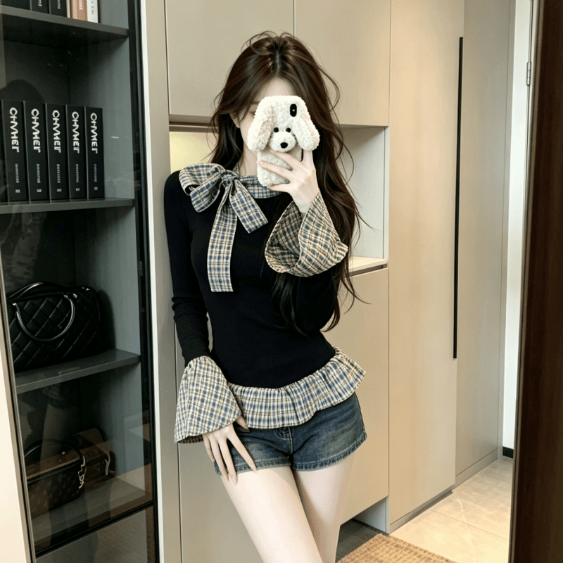 실사 배색 스트라이프 패치워크 페이크 레이어드 긴팔 티셔츠 여성 가을 인사이드 가져 가라. 기본 셔츠 몸매 가꾸기 슬림해 보이는 맨위 상세 이미지 5
