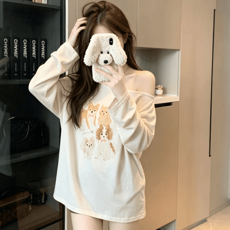 실사 만화 프린트 비스듬한 어깨 긴팔 티셔츠 여성 가을 새로운 루즈핏 캐주얼 맨위 트렌디 이미지 3
