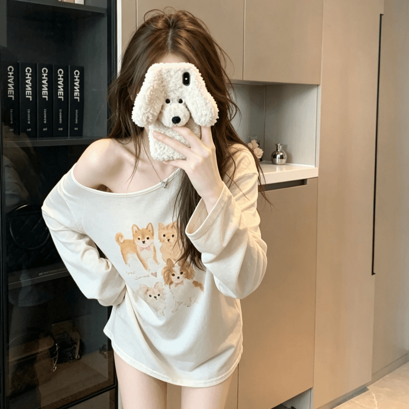 실사 만화 프린트 비스듬한 어깨 긴팔 티셔츠 여성 가을 새로운 루즈핏 캐주얼 맨위 트렌디 상세 이미지 4