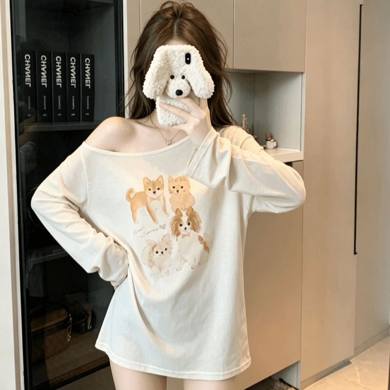 실사 만화 프린트 비스듬한 어깨 긴팔 티셔츠 여성 가을 새로운 루즈핏 캐주얼 맨위 트렌디 상세 이미지 6