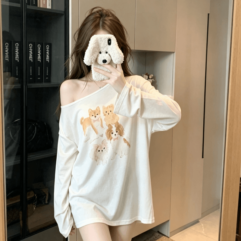 실사 만화 프린트 비스듬한 어깨 긴팔 티셔츠 여성 가을 새로운 루즈핏 캐주얼 맨위 트렌디 상세 이미지 7