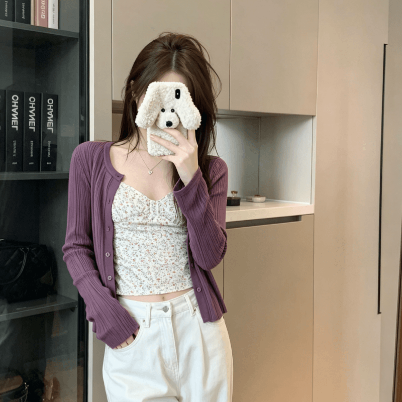 실사 부드러운 달콤함 몸매 가꾸기 꽃무늬 캐미솔 여름 다용도 캐주얼 긴팔 오픈 가디건 슬림해 보이는 패션 맨위 상세 이미지 3