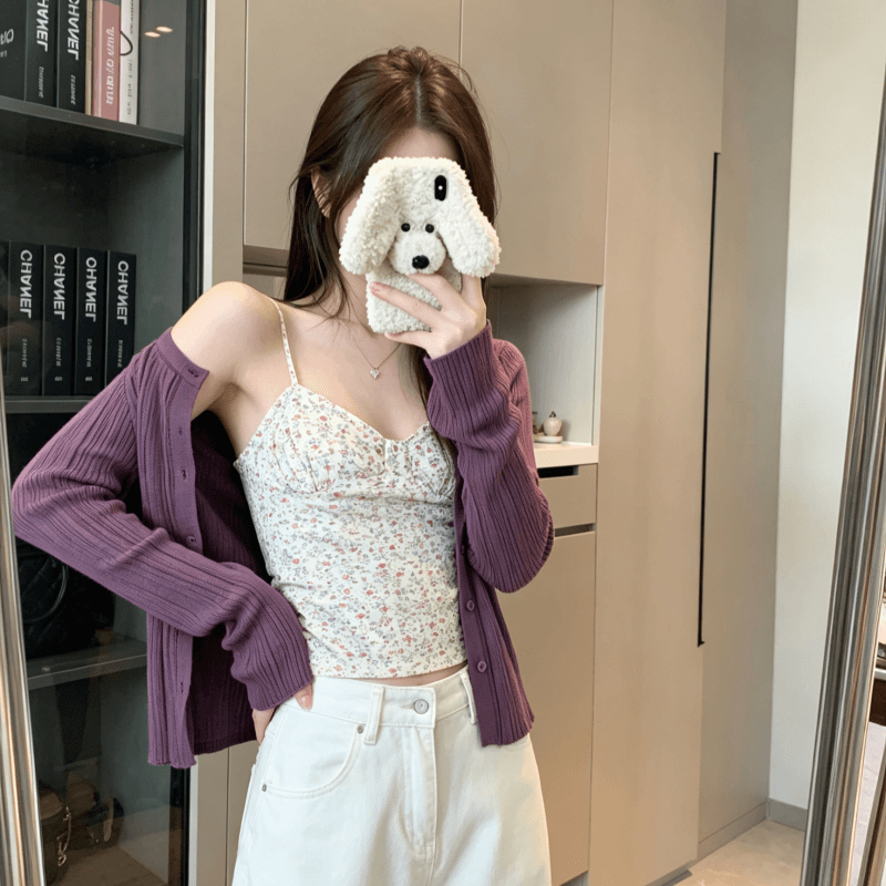 실사 부드러운 달콤함 몸매 가꾸기 꽃무늬 캐미솔 여름 다용도 캐주얼 긴팔 오픈 가디건 슬림해 보이는 패션 맨위 상세 이미지 4