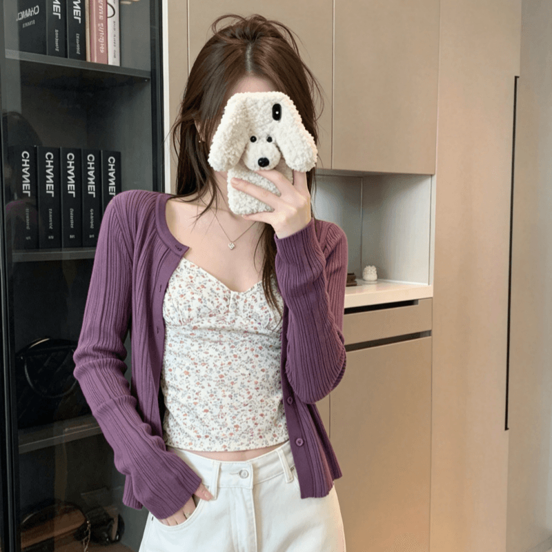 실사 부드러운 달콤함 몸매 가꾸기 꽃무늬 캐미솔 여름 다용도 캐주얼 긴팔 오픈 가디건 슬림해 보이는 패션 맨위 상세 이미지 5