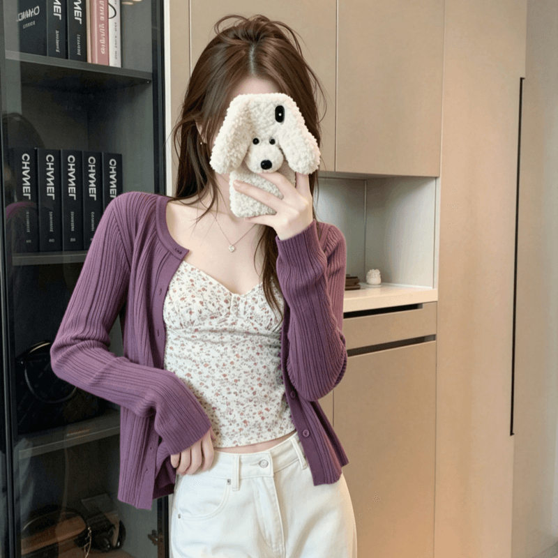 실사 부드러운 달콤함 몸매 가꾸기 꽃무늬 캐미솔 여름 다용도 캐주얼 긴팔 오픈 가디건 슬림해 보이는 패션 맨위 상세 이미지 6