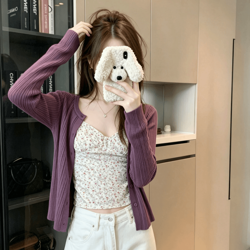 실사 부드러운 달콤함 몸매 가꾸기 꽃무늬 캐미솔 여름 다용도 캐주얼 긴팔 오픈 가디건 슬림해 보이는 패션 맨위 상세 이미지 7