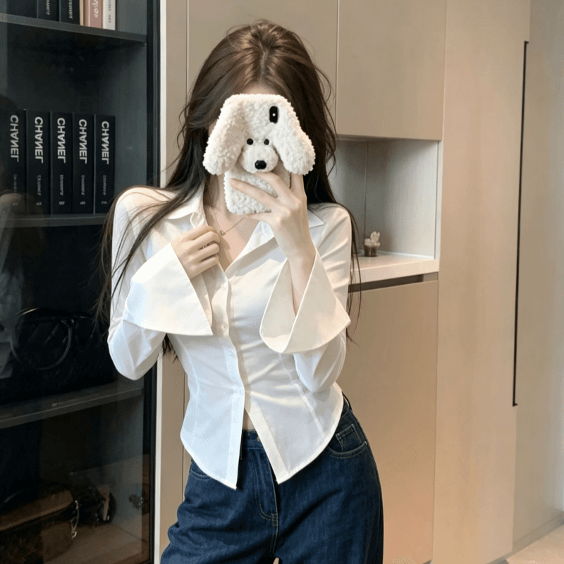 실사 프랑스식 핫걸 화이트 나팔 긴팔 여성 셔츠 가을 디자인 센스 작은 대중 허리 수축 셔츠 몸매 가꾸기 맨위 이미지 3