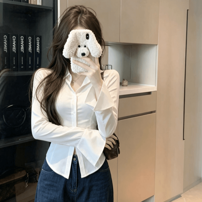 실사 프랑스식 핫걸 화이트 나팔 긴팔 여성 셔츠 가을 디자인 센스 작은 대중 허리 수축 셔츠 몸매 가꾸기 맨위