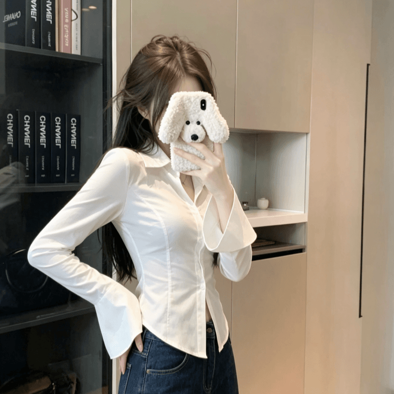 실사 프랑스식 핫걸 화이트 나팔 긴팔 여성 셔츠 가을 디자인 센스 작은 대중 허리 수축 셔츠 몸매 가꾸기 맨위 상세 이미지 2