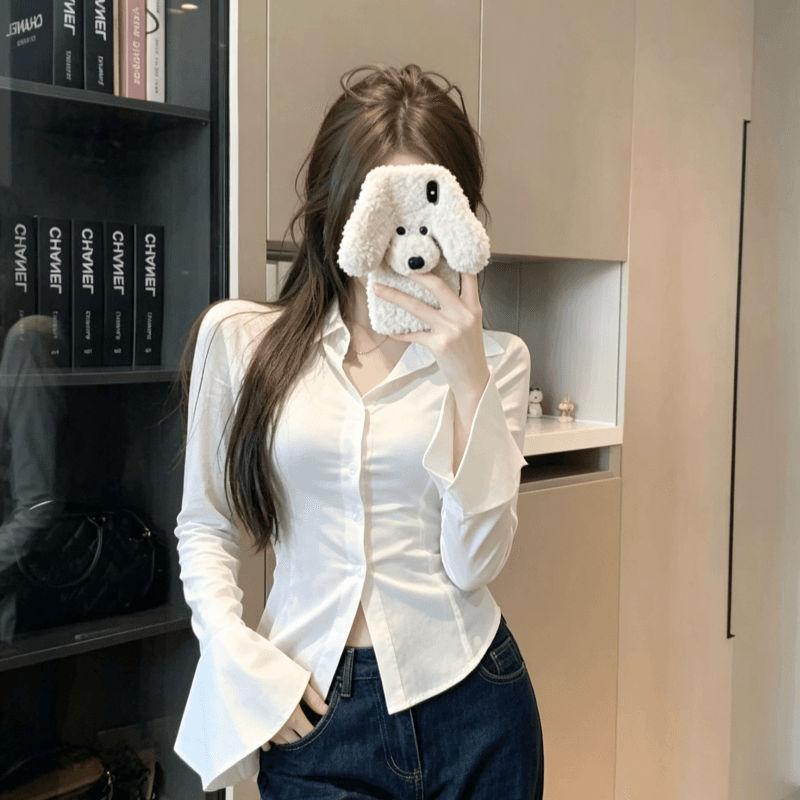 실사 프랑스식 핫걸 화이트 나팔 긴팔 여성 셔츠 가을 디자인 센스 작은 대중 허리 수축 셔츠 몸매 가꾸기 맨위 상세 이미지 4