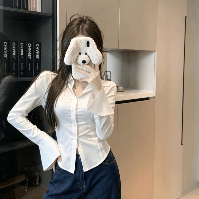 실사 프랑스식 핫걸 화이트 나팔 긴팔 여성 셔츠 가을 디자인 센스 작은 대중 허리 수축 셔츠 몸매 가꾸기 맨위 상세 이미지 7
