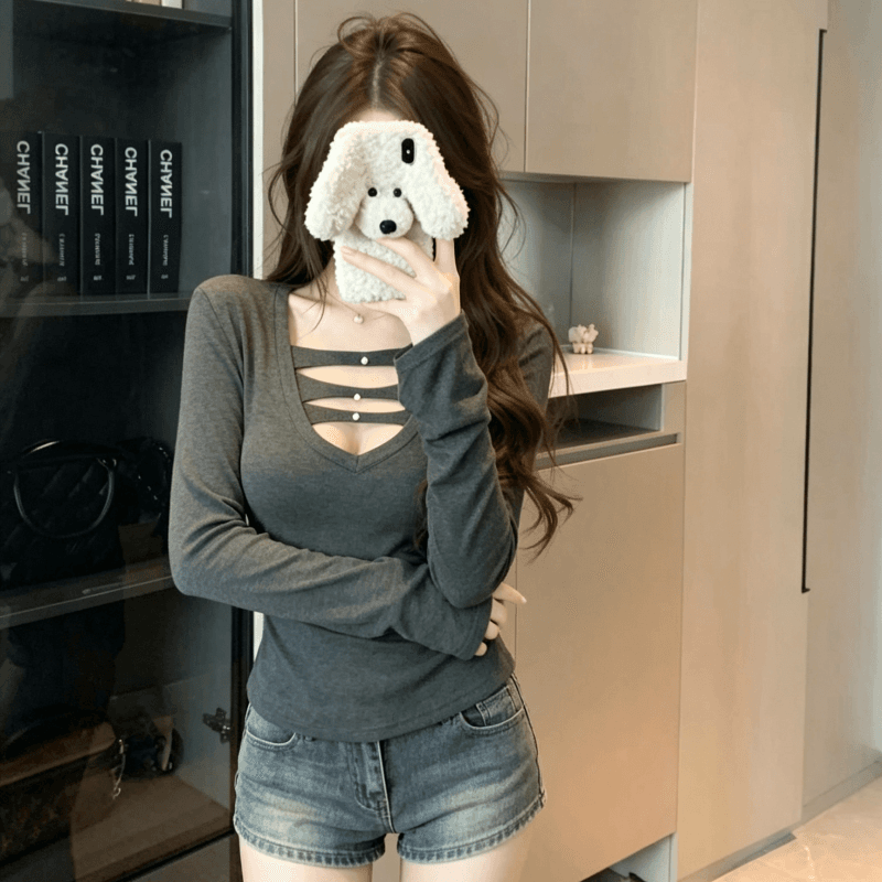 실사 순수한 욕망 바람 섹시함 V넥 긴팔 티셔츠 여성 가을 겨울 몸매 가꾸기 기본 셔츠 핫걸 타이트 허리 수축 인사이드 잡아라. 의류 이미지 3