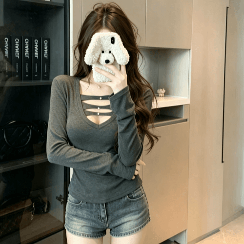 실사 순수한 욕망 바람 섹시함 V넥 긴팔 티셔츠 여성 가을 겨울 몸매 가꾸기 기본 셔츠 핫걸 타이트 허리 수축 인사이드 잡아라. 의류 상세 이미지 4