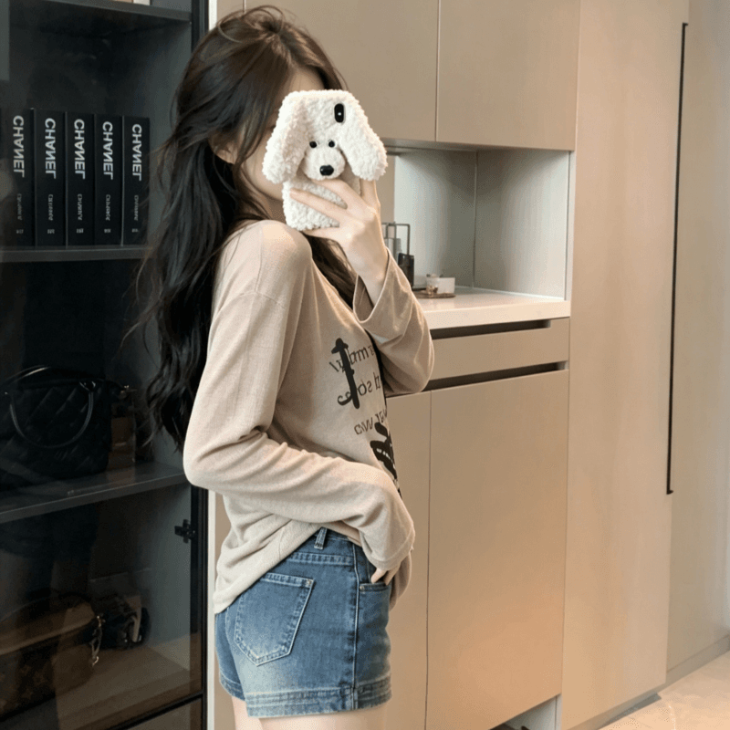 실사 느긋한 바람 알파벳 프린트 긴팔 자외선 차단 티셔츠 여성 여름 디자인 센스 작은 대중 루즈핏 얇은 스타일 핫걸 맨위 이미지 4