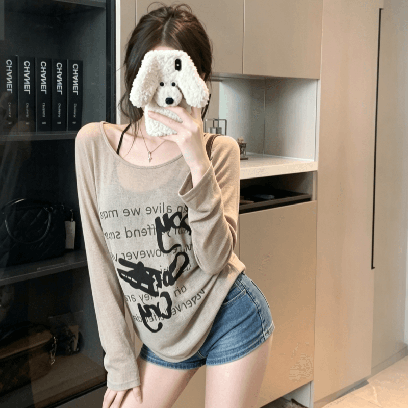 실사 느긋한 바람 알파벳 프린트 긴팔 자외선 차단 티셔츠 여성 여름 디자인 센스 작은 대중 루즈핏 얇은 스타일 핫걸 맨위 상세 이미지 4