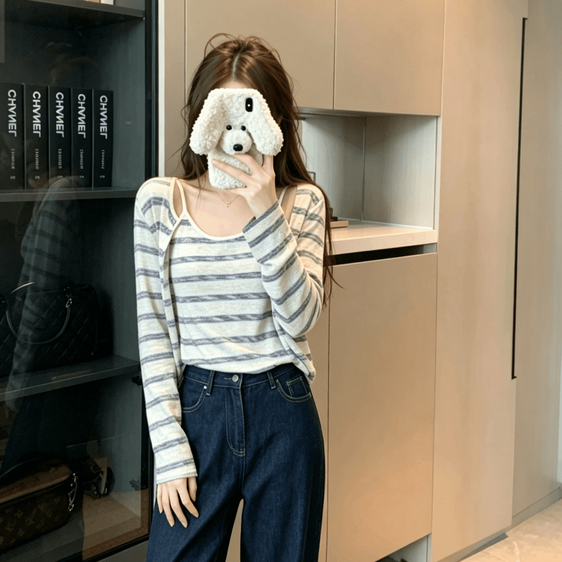 실사 세트 품격 다용도 긴팔 오픈 가디건 여성 가을 인사이드 가져 가라. 스트라이프 캐미솔 투피스 세트 이미지 4