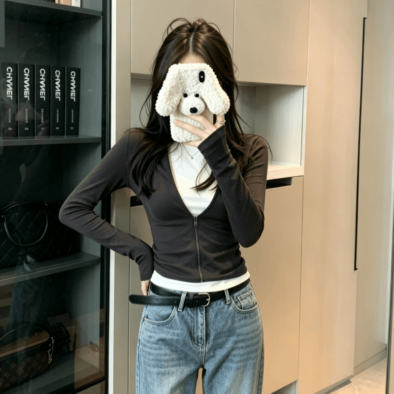 실사 페이크 레이어드 맨위 배색 핫걸 긴팔 티셔츠 여성 지퍼 섹션 작은 대중 디자인 기본 셔츠