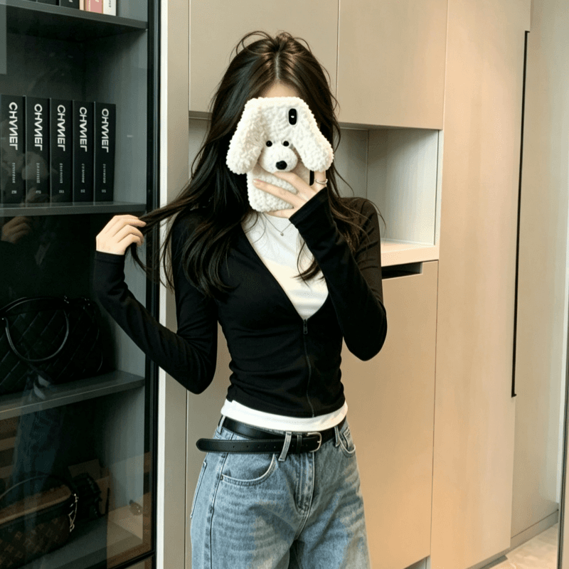 실사 페이크 레이어드 맨위 배색 핫걸 긴팔 티셔츠 여성 지퍼 섹션 작은 대중 디자인 기본 셔츠 이미지 5