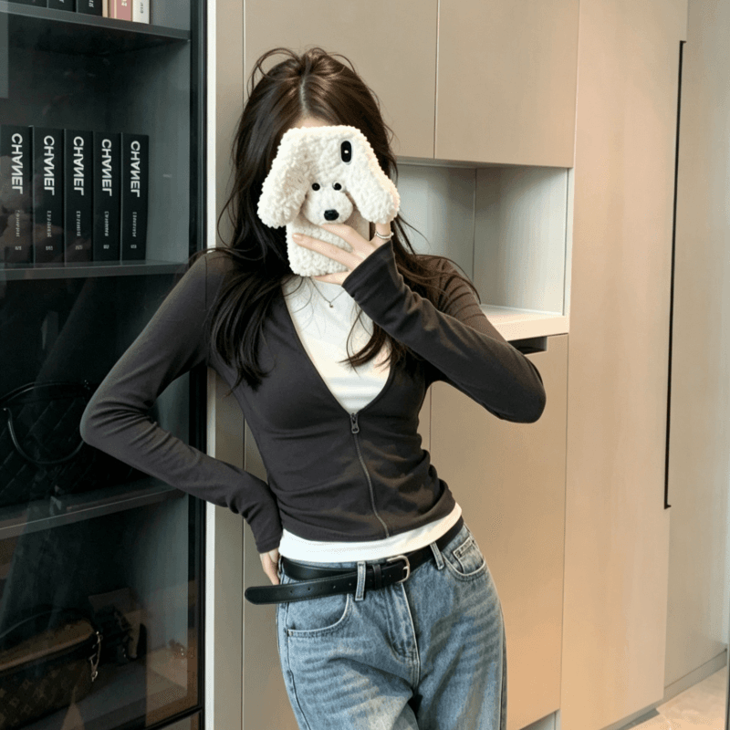 실사 페이크 레이어드 맨위 배색 핫걸 긴팔 티셔츠 여성 지퍼 섹션 작은 대중 디자인 기본 셔츠 상세 이미지 4