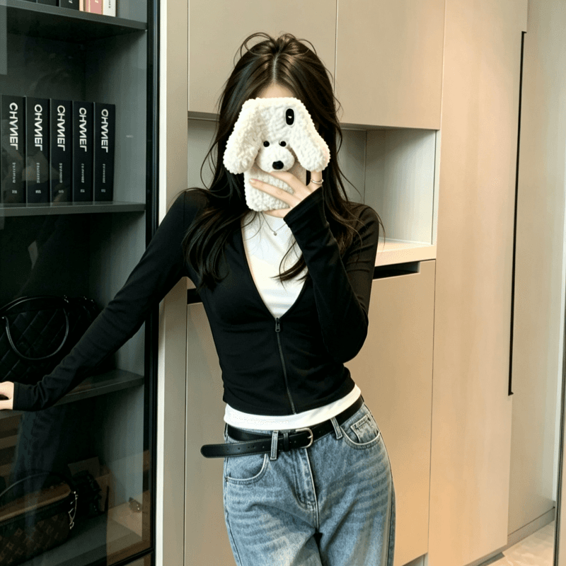 실사 페이크 레이어드 맨위 배색 핫걸 긴팔 티셔츠 여성 지퍼 섹션 작은 대중 디자인 기본 셔츠 상세 이미지 6