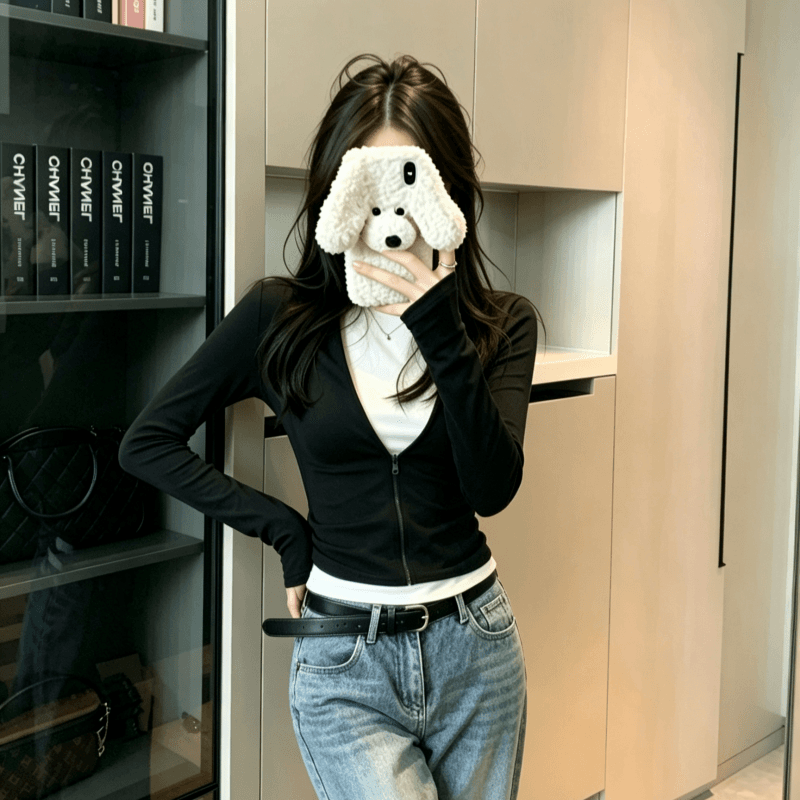 실사 페이크 레이어드 맨위 배색 핫걸 긴팔 티셔츠 여성 지퍼 섹션 작은 대중 디자인 기본 셔츠 상세 이미지 8