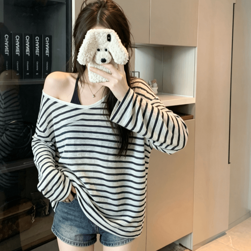 실사 V넥 스트라이프 긴팔 자외선 차단 티셔츠 여성 여름 루즈핏 캐주얼 느긋한 다용도 블라우스 맨위 이미지 3