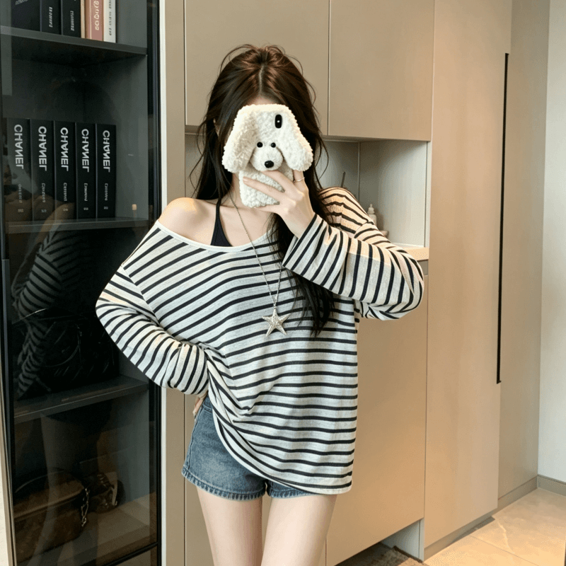 실사 V넥 스트라이프 긴팔 자외선 차단 티셔츠 여성 여름 루즈핏 캐주얼 느긋한 다용도 블라우스 맨위 이미지 5