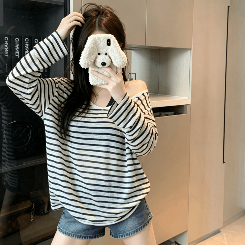 실사 V넥 스트라이프 긴팔 자외선 차단 티셔츠 여성 여름 루즈핏 캐주얼 느긋한 다용도 블라우스 맨위 상세 이미지 3