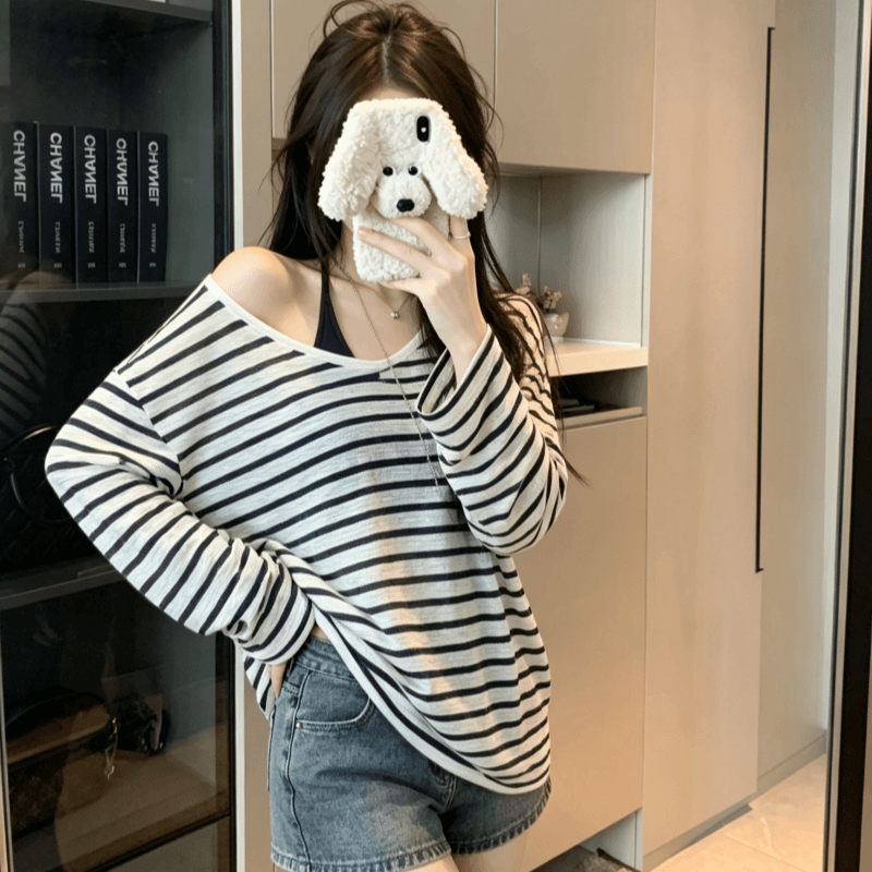실사 V넥 스트라이프 긴팔 자외선 차단 티셔츠 여성 여름 루즈핏 캐주얼 느긋한 다용도 블라우스 맨위 상세 이미지 4