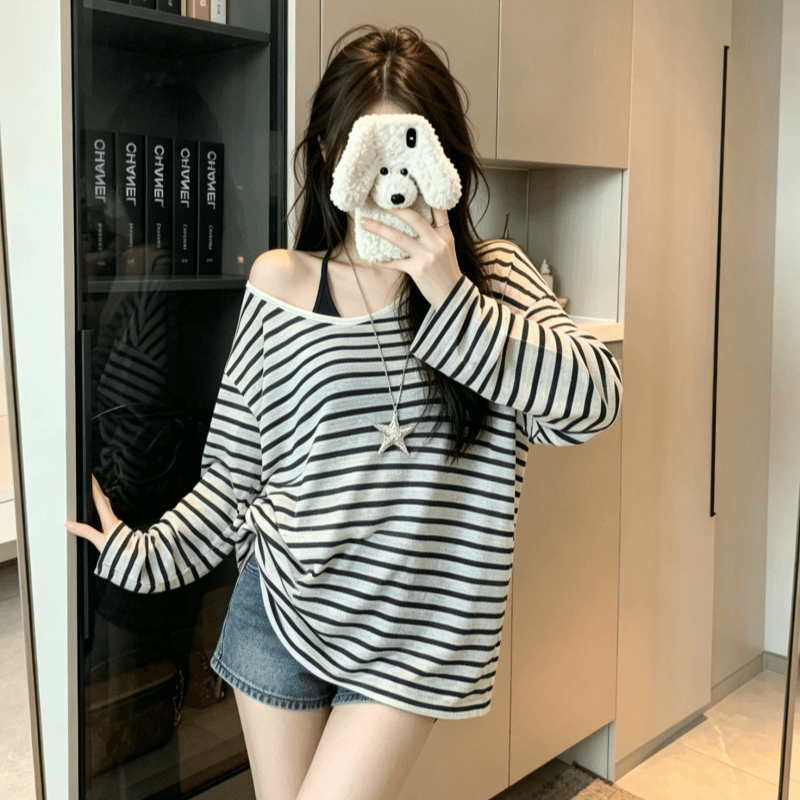실사 V넥 스트라이프 긴팔 자외선 차단 티셔츠 여성 여름 루즈핏 캐주얼 느긋한 다용도 블라우스 맨위 상세 이미지 7