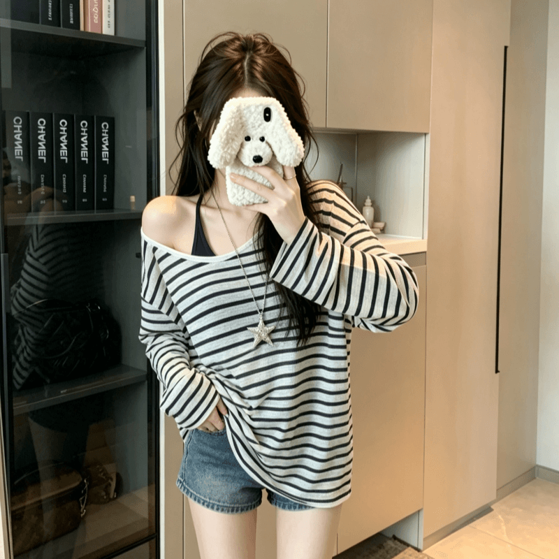 실사 V넥 스트라이프 긴팔 자외선 차단 티셔츠 여성 여름 루즈핏 캐주얼 느긋한 다용도 블라우스 맨위 상세 이미지 8
