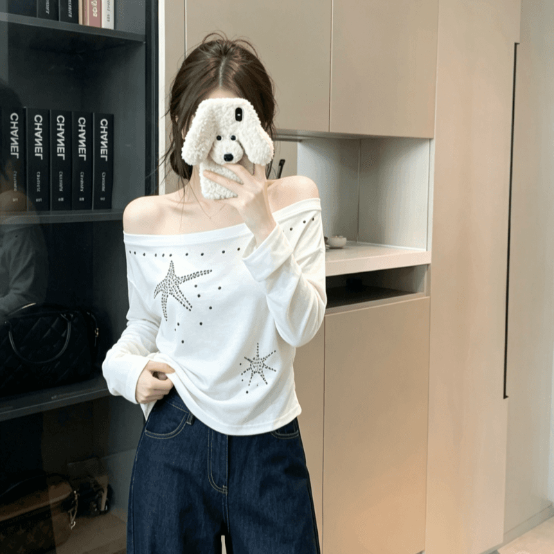실사 한국 새로운 세련된 오각형 별 프린트 비스듬한 칼라 오프숄더 얇은 스타일 자외선 차단 긴팔 티셔츠 맨위 이미지 2