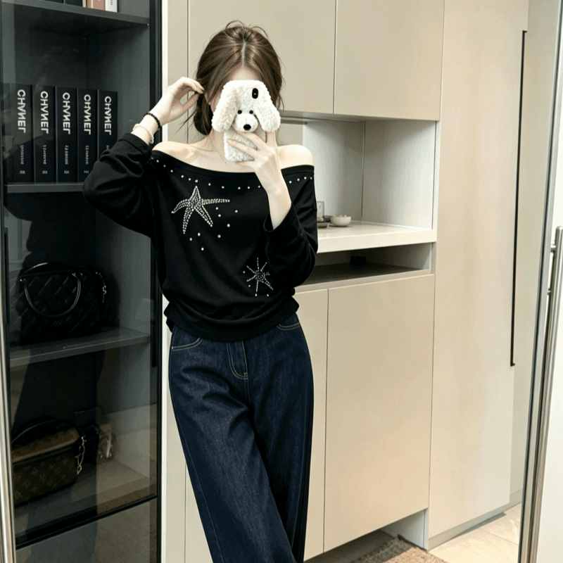 실사 한국 새로운 세련된 오각형 별 프린트 비스듬한 칼라 오프숄더 얇은 스타일 자외선 차단 긴팔 티셔츠 맨위 이미지 5