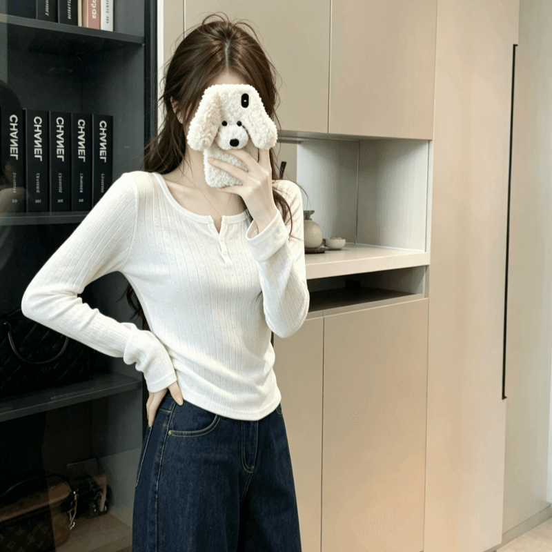 실사 가을의 날 새로운 언어 반 개방 버클 광장 칼라 순수한 욕망 인사이드 가져 가라. 티셔츠 여성 디자인 센스 몸매 가꾸기 긴팔 맨위 이미지 3