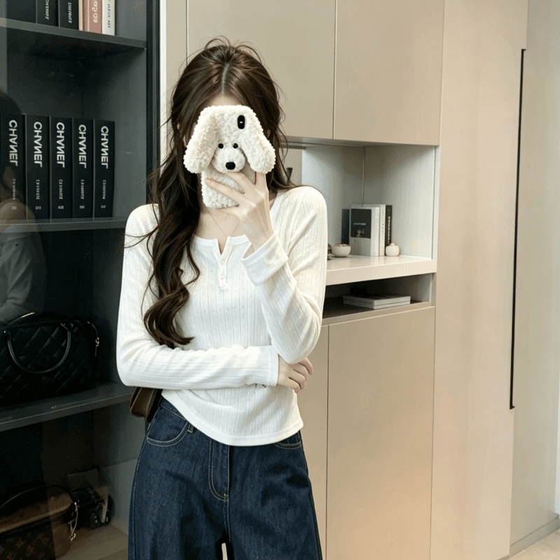 실사 가을의 날 새로운 언어 반 개방 버클 광장 칼라 순수한 욕망 인사이드 가져 가라. 티셔츠 여성 디자인 센스 몸매 가꾸기 긴팔 맨위 상세 이미지 3