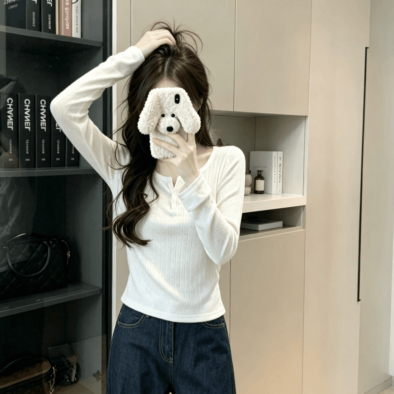 실사 가을의 날 새로운 언어 반 개방 버클 광장 칼라 순수한 욕망 인사이드 가져 가라. 티셔츠 여성 디자인 센스 몸매 가꾸기 긴팔 맨위 상세 이미지 4