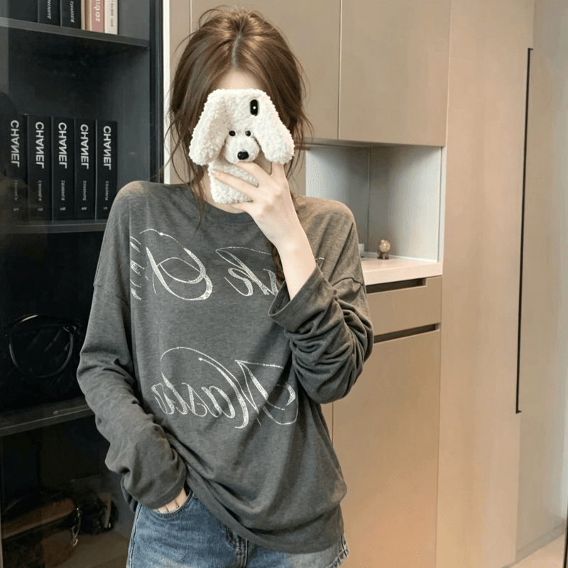 실사 아메리칸 레트로 긴팔 티셔츠 맨위 여성 얇은 스타일 회색 알파벳 프린트 루즈핏 캐주얼 가을 어깨 기본 셔츠 상세 이미지 2