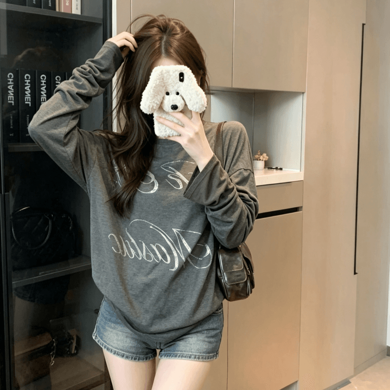 실사 아메리칸 레트로 긴팔 티셔츠 맨위 여성 얇은 스타일 회색 알파벳 프린트 루즈핏 캐주얼 가을 어깨 기본 셔츠 상세 이미지 3