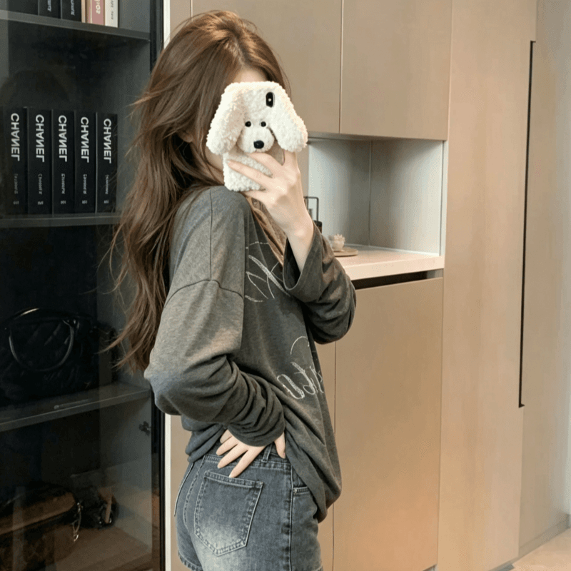 실사 아메리칸 레트로 긴팔 티셔츠 맨위 여성 얇은 스타일 회색 알파벳 프린트 루즈핏 캐주얼 가을 어깨 기본 셔츠 상세 이미지 5