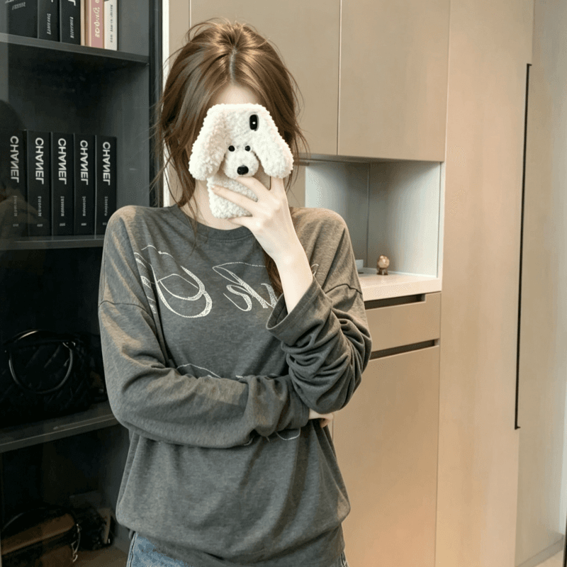 실사 아메리칸 레트로 긴팔 티셔츠 맨위 여성 얇은 스타일 회색 알파벳 프린트 루즈핏 캐주얼 가을 어깨 기본 셔츠 상세 이미지 6