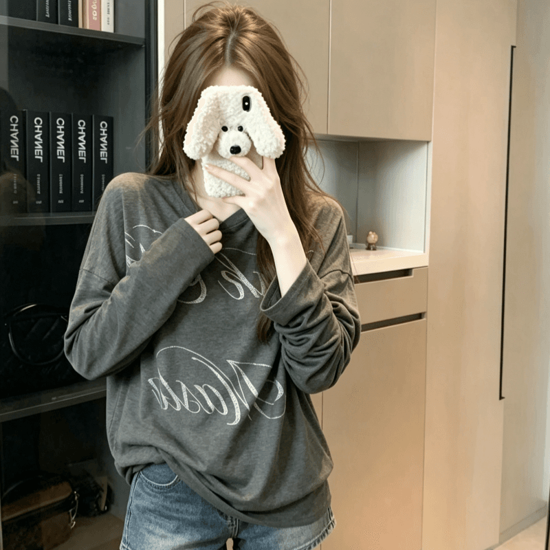 실사 아메리칸 레트로 긴팔 티셔츠 맨위 여성 얇은 스타일 회색 알파벳 프린트 루즈핏 캐주얼 가을 어깨 기본 셔츠 상세 이미지 7