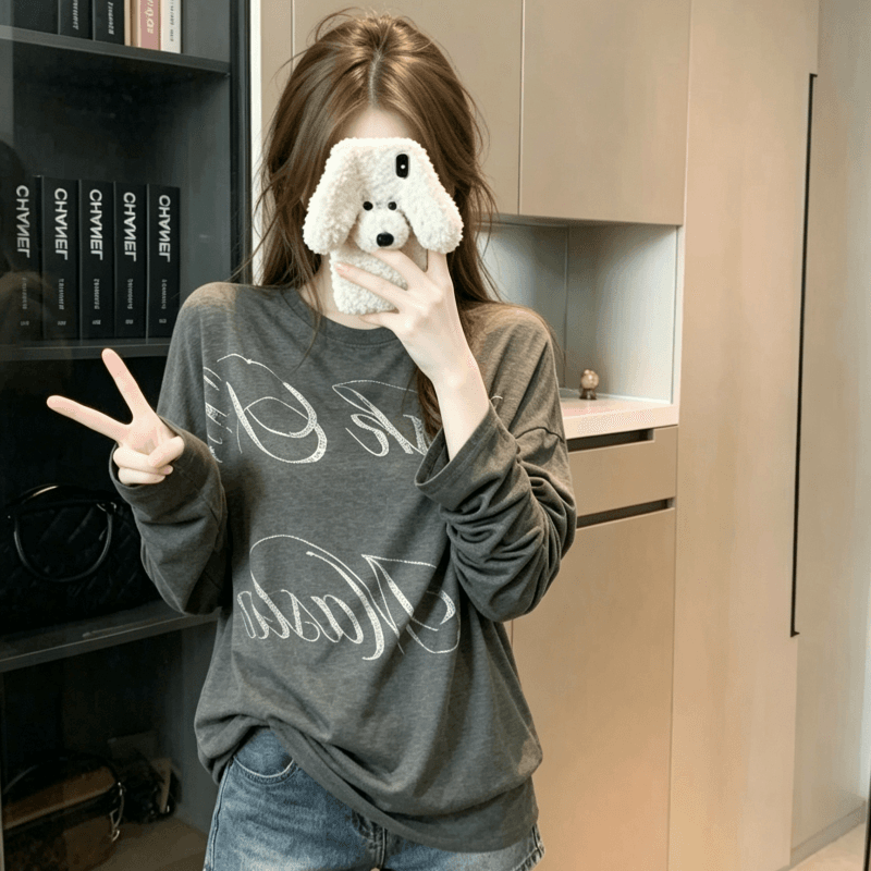 실사 아메리칸 레트로 긴팔 티셔츠 맨위 여성 얇은 스타일 회색 알파벳 프린트 루즈핏 캐주얼 가을 어깨 기본 셔츠 상세 이미지 8
