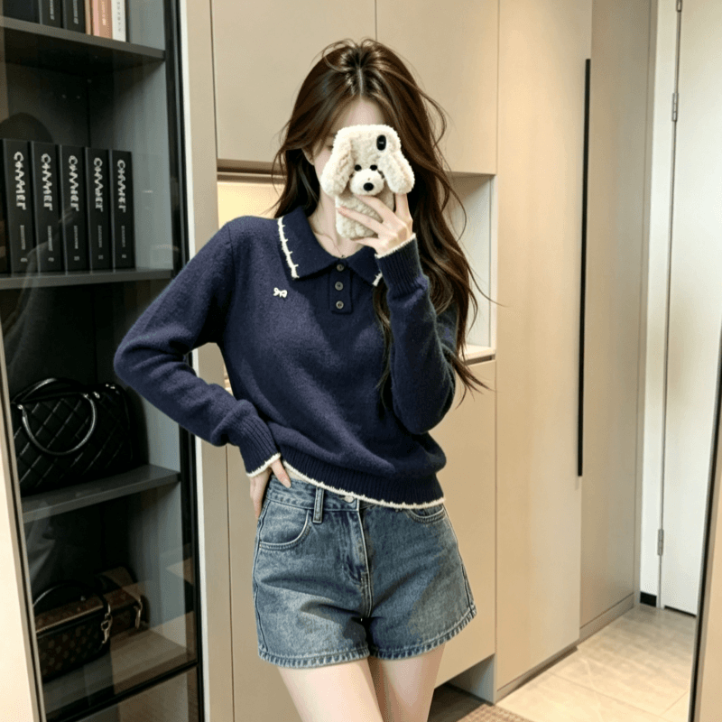 실사 양 털털 의류 여성 의류 가을 겨울 새로운 가시 자수 루즈핏 누출 POLO 칼라 보온 니트 스웨터 이미지 2