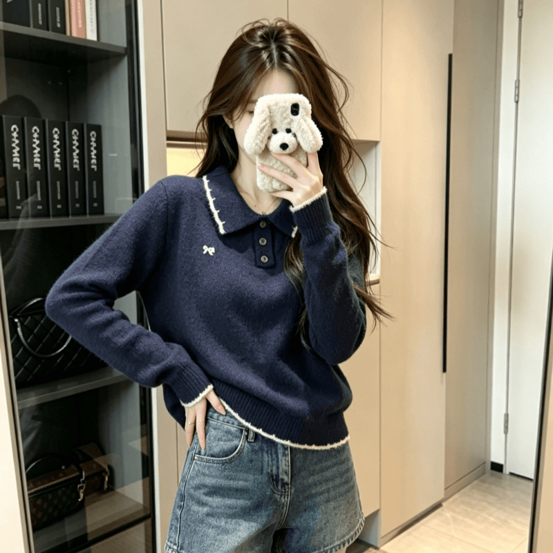 실사 양 털털 의류 여성 의류 가을 겨울 새로운 가시 자수 루즈핏 누출 POLO 칼라 보온 니트 스웨터 이미지 5