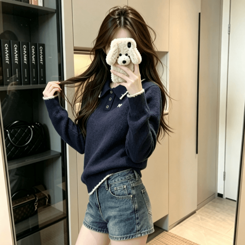 실사 양 털털 의류 여성 의류 가을 겨울 새로운 가시 자수 루즈핏 누출 POLO 칼라 보온 니트 스웨터 상세 이미지 4