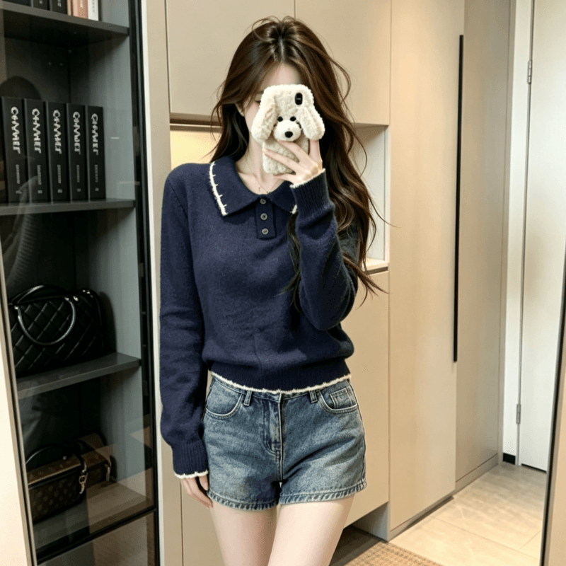 실사 양 털털 의류 여성 의류 가을 겨울 새로운 가시 자수 루즈핏 누출 POLO 칼라 보온 니트 스웨터 상세 이미지 5